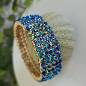 Glam Gold and Blue AB Crystal Stretch Bracelet